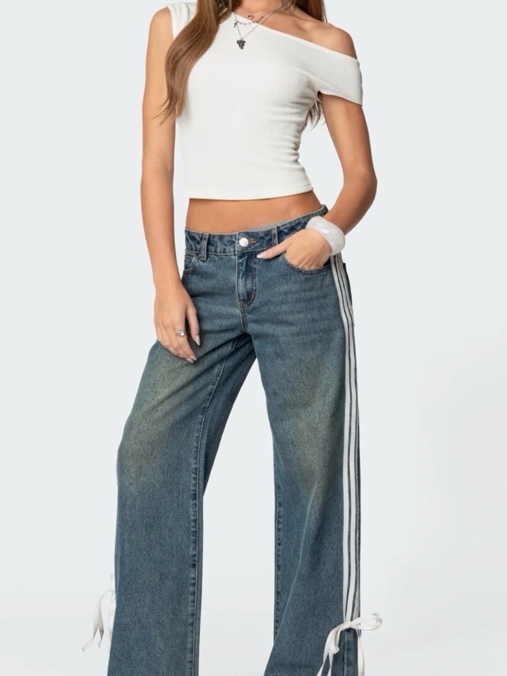 Edikted Blue Wide-Leg Jeans with White Side Stripes